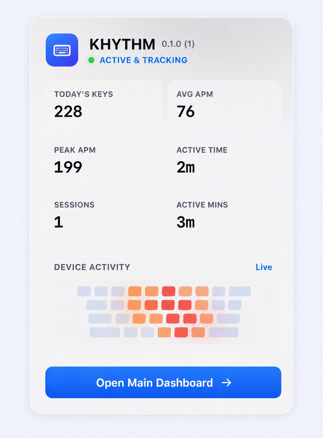 KHYTHM menu bar dashboard with live metrics and a keyboard heatmap
